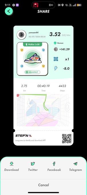 STEPN share screen for user "yonaon44" showing a Walker Lv20 earning 3.52 GST/Min with 2.75 km walked in 00:40:19 on 05/07/2026.