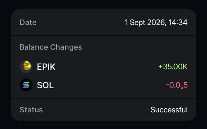 A crypto transaction confirmation screen dated 1 Sept 2026, 14:34, showing balance changes of +35.00K EPIK (green) and -0.5 SOL (red) with status 'Successful'.