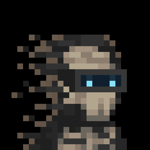 Pixel art of a brown-haired character with a beard wearing a black mask with glowing blue eyes.