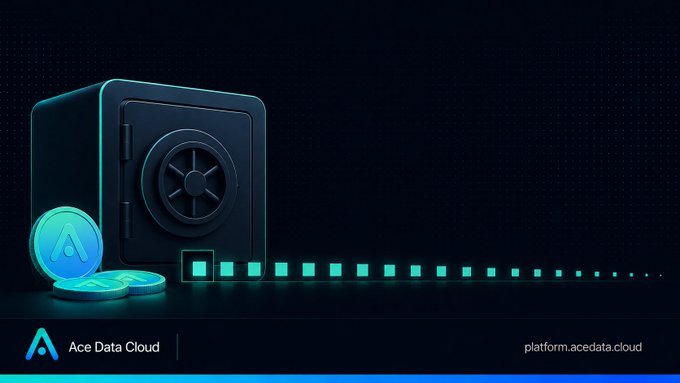 Dark-themed promotional banner for 'Ace Data Cloud' (platform.acedata.cloud), showing a 3D safe next to glowing cyan coins and a dotted line extending across the frame.