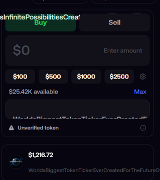 A cryptocurrency trading interface shows a buy option for a token starting with "InfinitePossibilitiesCrea..." priced at $1,216.72, with $25.42K available and a warning indicating it is an "Unverified token," corresponding to the post's mention of a coin called "InfinitePossibilitiesCreated."