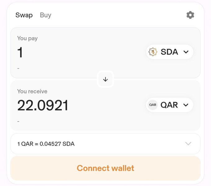 A cryptocurrency swap interface shows exchanging 1 SDA token for 22.0921 QAR (Qatari Riyal), with a displayed rate of 1 QAR = 0.04527 SDA and a "Connect wallet" button below.

This image illustrates the type of fiat-pegged smart contracts the post describes, showing SDA's capability to swap directly for the Qatari Riyal (QAR), similar to the USD and SGD contracts mentioned.