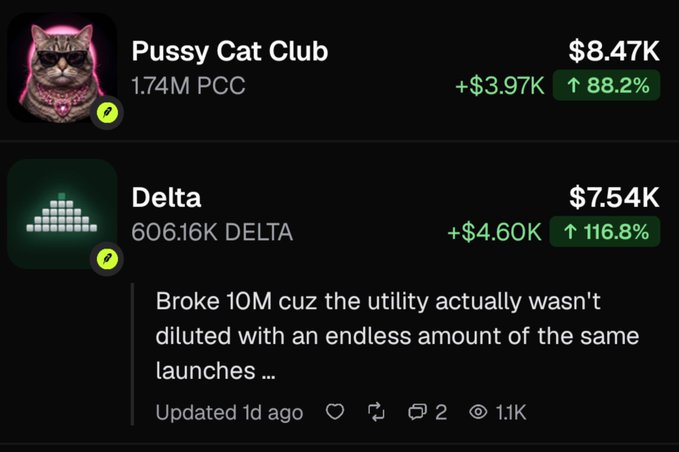 A social media post showing two cryptocurrency assets side by side: Pussy Cat Club (PCC) at $8.47K with an 88.2% gain, and Delta (DELTA) at $7.54K with a 116.8% gain, with a comment noting Delta "Broke 10M cuz the utility actually wasn't diluted with an endless amount of the same launches." The image illustrates the contrast the poster describes between trading meme coins like $PCC and utility projects like $DELTA, highlighting their simultaneous strong performance as evidence of winning across both categories.