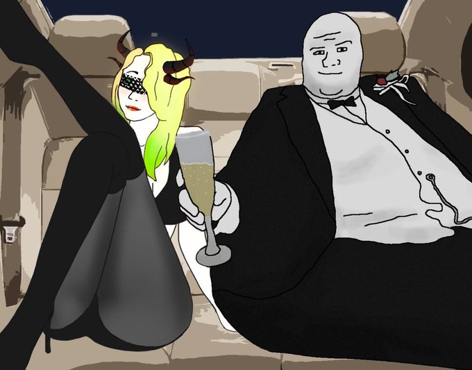 The image features a woman sitting next to an overweight man who is wearing a suit, holding a glass of champagne or wine. The woman has her legs crossed over each other while the man sits beside her with his arms resting on the armrests of the car seat. There are also two more people in the background, one standing and another seated further back in the vehicle.