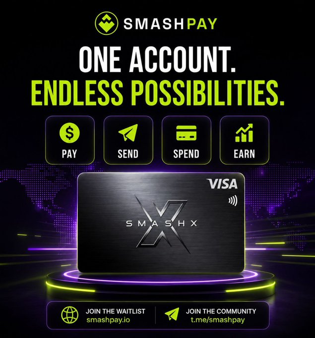 An advertisement for SmashPay showcases a 'SMASH X' metal Visa card with the slogan 'ONE ACCOUNT. ENDLESS POSSIBILITIES' and icons for Pay, Send, Spend, and Earn services.
