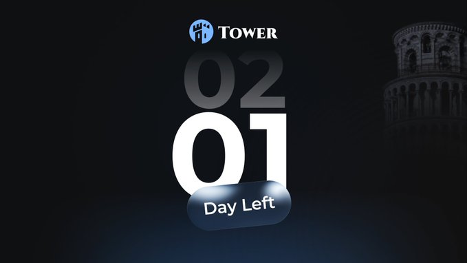 A promotional graphic for 'TOWER' showing a countdown of '02 01 Day Left' with the Leaning Tower of Pisa visible in the background.