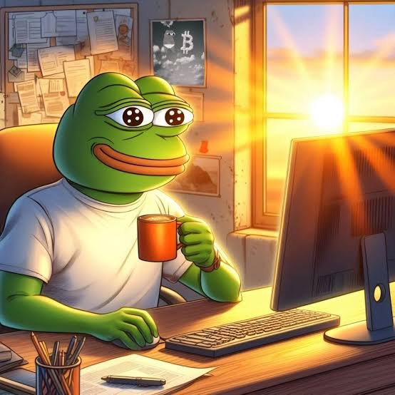 A digital illustration of Pepe the Frog smiling while holding an orange mug at a desk with a computer monitor, illuminated by warm sunlight from a window, with a Bitcoin poster on the wall behind him.