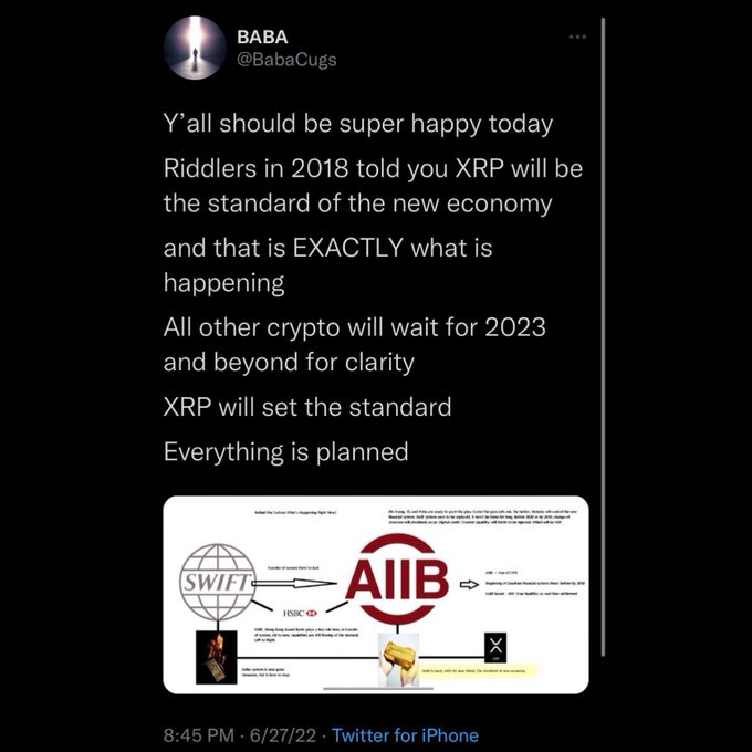 A tweet from BABA (@BabaCugs) claiming XRP will set the standard for the new economy while other crypto waits for clarity, accompanied by a diagram showing HSBC and AIIB switching from SWIFT to the XRP ledger as their standard settlement system. The diagram visually reinforces the tweet's claim about XRP becoming the financial standard, though this remains speculative promotion rather than confirmed development.