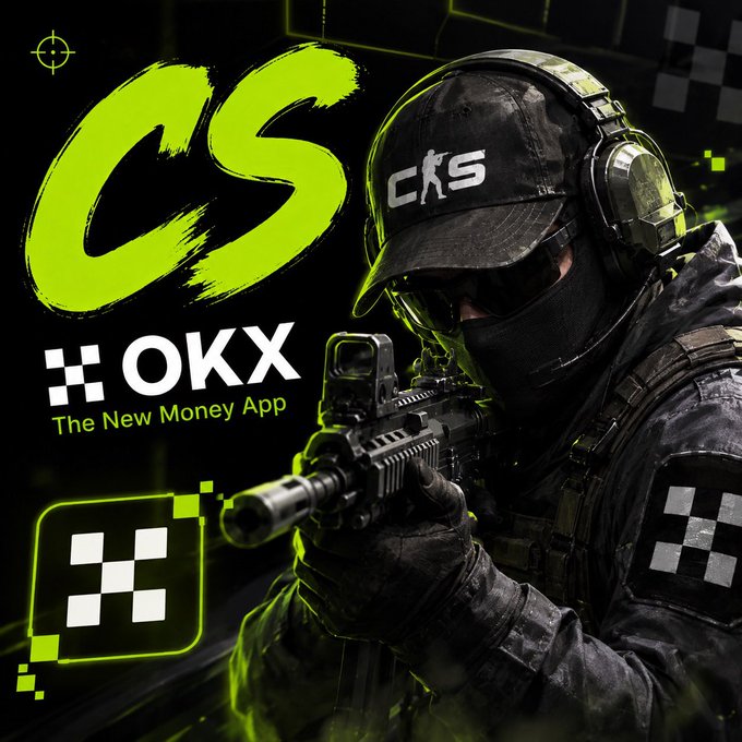 A tactical operator in black gear holding an assault rifle is featured alongside the CS:GO logo and OKX branding ("OKX - The New Money App"), promoting the OKX Community Tournament (#OKX水友赛) referenced in the post.