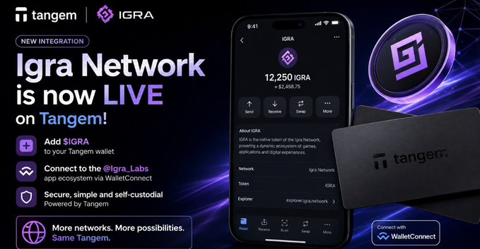 Promotional graphic announcing the Igra Network integration with Tangem, displaying the IGRA token balance (12,250 IGRA ≈ $2,458.70) on a mobile wallet interface, a Tangem hardware wallet card, and features key steps: adding $IGRA to Tangem, connecting to @Igra_Labs via WalletConnect, and securing assets with self-custody.