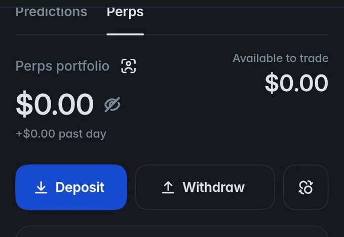A mobile app interface showing a 'Perps' trading tab with a $0.00 portfolio balance and buttons for Deposit and Withdraw.