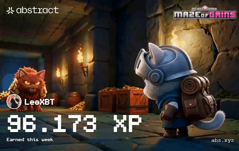 The image features a cartoon cat wearing a helmet with a sword and shield, standing next to a brown box that has "LEX" written on it. The background of the image shows a castle or fortress setting. In the bottom right corner of the image, there is text that reads "Happy XP Day, @AbstractChain gigachads Just hit 96k XP this week, a new personal ATH thanks to the Builder boost". This suggests that the cat has just achieved a significant milestone in terms of XP points, and it is now ready for its next challenge.