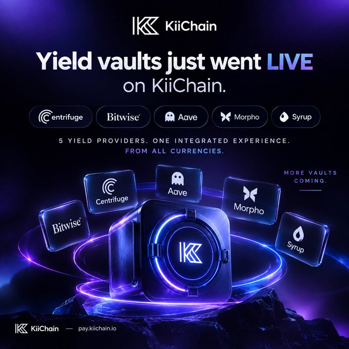 A promotional graphic announcing 'Yield vaults just went LIVE on KiiChain,' displaying logos for 5 yield providers: Centrifuge, Bitwise, Aave, Morpho, and Syrup, against a dark, glowing background.