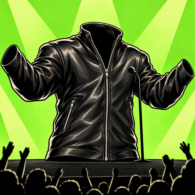 A stylized illustration of an empty black leather jacket on a stage with arms outstretched toward a cheering crowd silhouette, set against a bright green sunburst background.