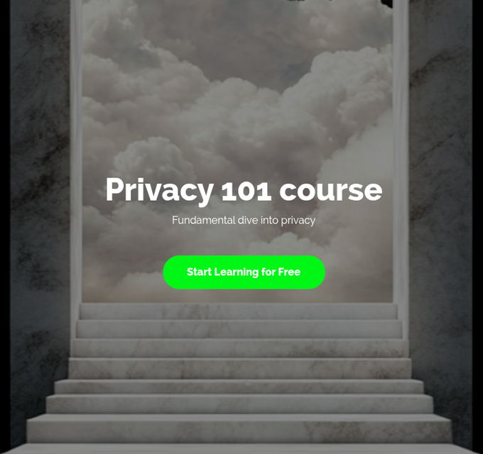 A promotional graphic for a 'Privacy 101 course' with the tagline 'Fundamental dive into privacy' and a green 'Start Learning for Free' button displayed over marble stairs leading to clouds.