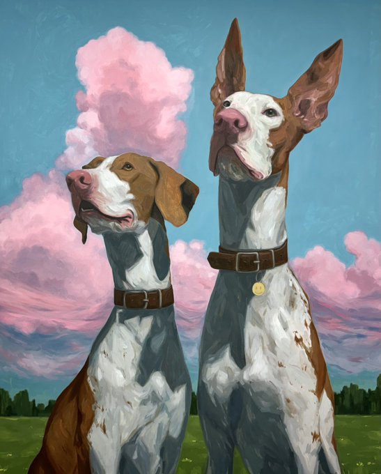 A painterly illustration depicts two brown and white pointer dogs wearing leather collars with tags, sitting side by side against a backdrop of fluffy pink clouds and a teal sky.