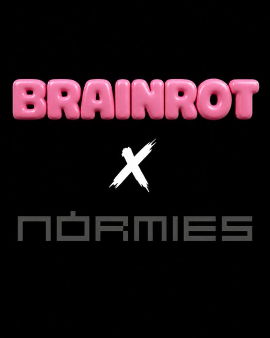 A graphic on a black background showing the text 'BRAINROT' in pink bubble letters, followed by a white 'X' and the word 'NORMIES' in gray futuristic font.