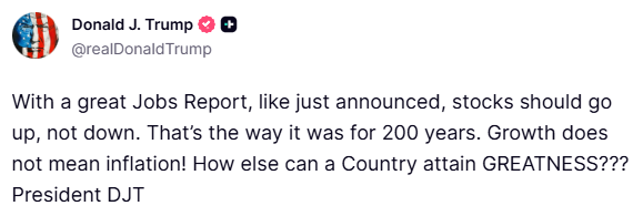 A white text box with a black border contains the text "With a great jobs report, like just announced, stocks should go up, not down. That's the way it was for 200 years. Growth does not mean inflation! President DJT".