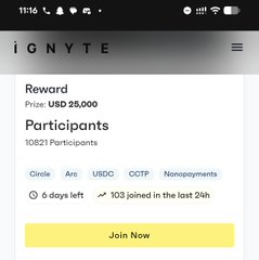 Mobile app screen for 'IGNYTE' showing a Reward of USD $25,000 for 10,821 participants, with 6 days left and 103 joined in the last 24h, including a 'Join Now' button.