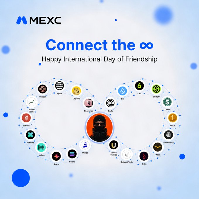 A MEXC promotional graphic reading 'Connect the ∞ — Happy International Day of Friendship,' featuring a heart-shaped constellation of cryptocurrency logos around a central hooded figure.