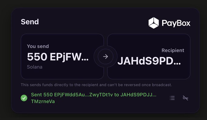 A screenshot of a PayBox transaction confirmation showing a completed send of 550 EPjFWdd5Au...ZwyTDt1v to recipient address JAHdS9PDJJ...TMzrneVa on the Solana network. The successful transaction (marked with a green checkmark) visually confirms the $550 payment mentioned in the post.