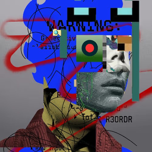 In the image, there is a person's face with a computer-generated style headpiece made up of various elements including circles and lines. The face has an expression of concern or worry about a warning sign with red and black colors on it. The background appears to be blurred. There is also text in the image that reads "R3ORDR #881 has been sold for 0.043 WETH". This suggests that someone may have posted this artwork online, possibly for sale, but the specific details of the artwork are not clear enough from the image itself to determine its value or origin accurately.