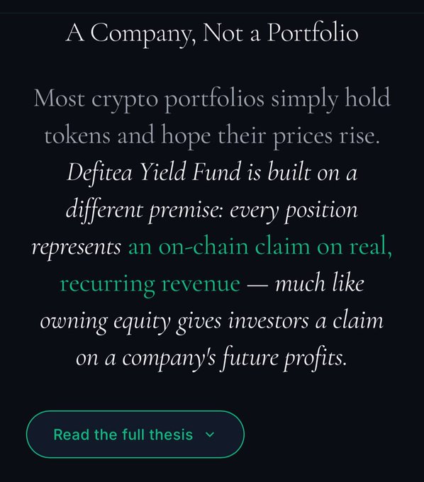 A dark-themed promotional graphic titled 'A Company, Not a Portfolio' for Defitea Yield Fund, explaining that each position represents an on-chain claim on real recurring revenue, with a 'Read the full thesis' button at the bottom.