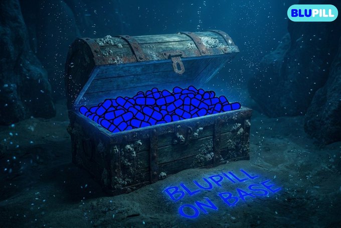 The image features a wooden chest filled with blue rocks, which are illuminated by blue light. The chest has a lock on top of it, suggesting that it contains valuable items or treasure. The background of the image shows an underwater scene with rocky mountains in the distance and water surrounding them. The text "BLUPILL on @base" is written above the chest, possibly indicating the name of the person who found the chest or the post where this image was shared.