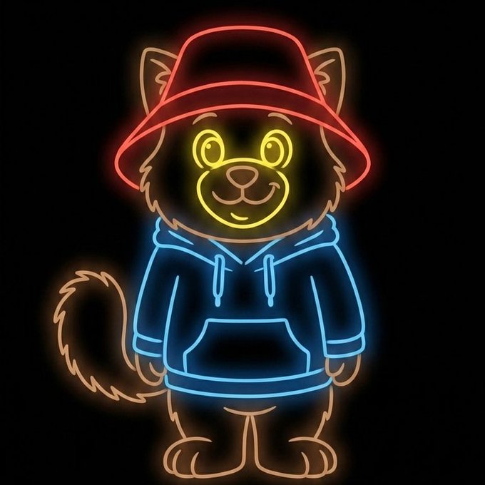 A neon-style illustration of a smiling cat wearing a red hat and blue hoodie against a black background, rendered in glowing pink, yellow, and blue lines.