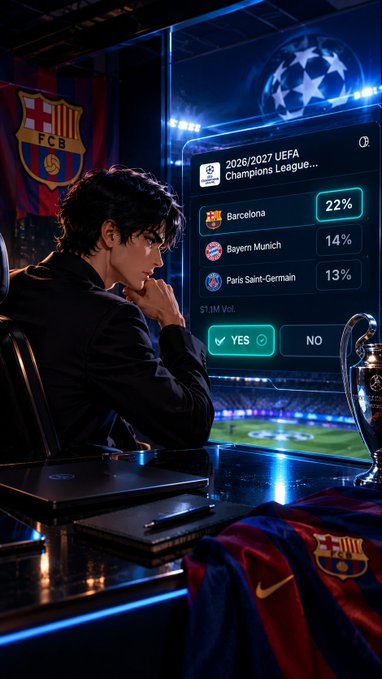 A thoughtful young man sits in a dimly lit viewing area with FC Barcelona flags and jerseys visible, contemplating a betting interface showing the 2026/2027 UEFA Champions League odds: Barcelona at 22%, Bayern Munich at 14%, and Paris Saint-Germain at 13%, with a highlighted "YES" button selected. The image captures the analytical moment behind the bettor's wager on Barcelona, visually representing his conclusion that the 22% probability is undervalued given their strong opening form, including a 5-1 victory referenced in the post.
