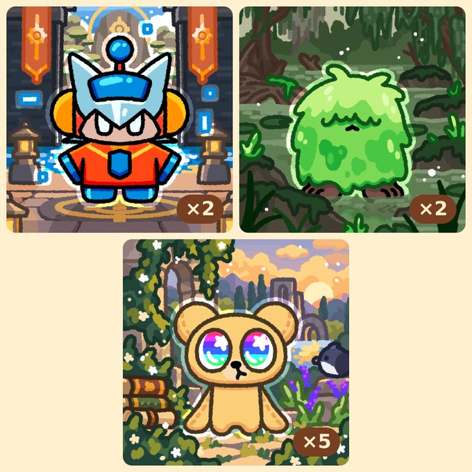 Three cartoon character stickers: a blue robotic/cat-like warrior (x2), a green slime monster (x2), and a brown bear-like creature with rainbow eyes (x5) in various themed backgrounds.