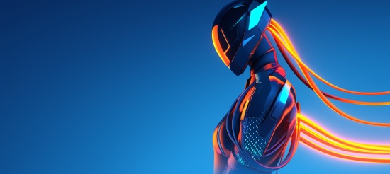 A futuristic armored figure with glowing orange energy lines stands against a dark blue background.