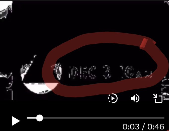 A dark video screenshot with red hand-drawn circle highlighting text that appears to read 'DEC 3 20__,' with playback controls showing 0:03 / 0:46.