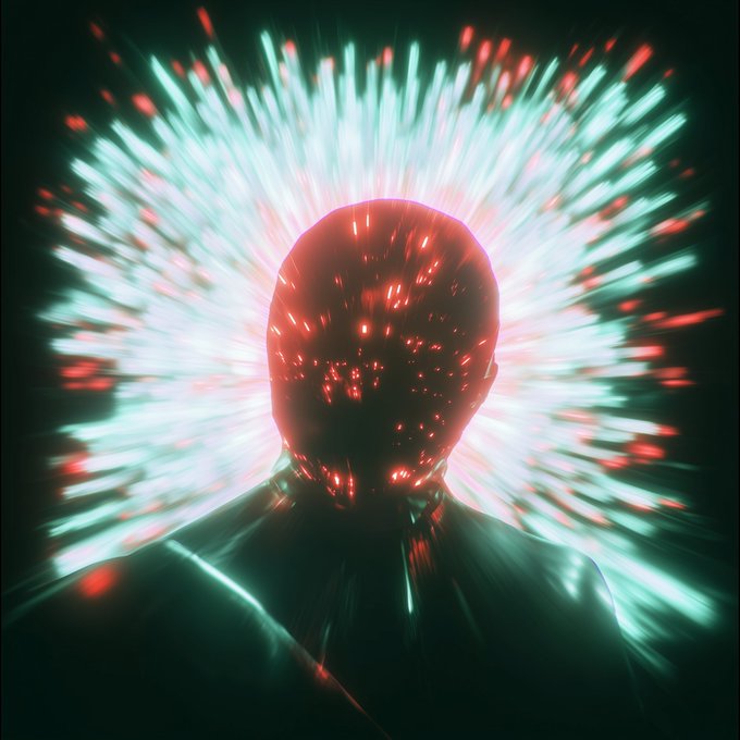 A dark silhouetted figure with a featureless head illuminated by intense, radiating teal and red light streaks creating a dramatic burst effect behind them.