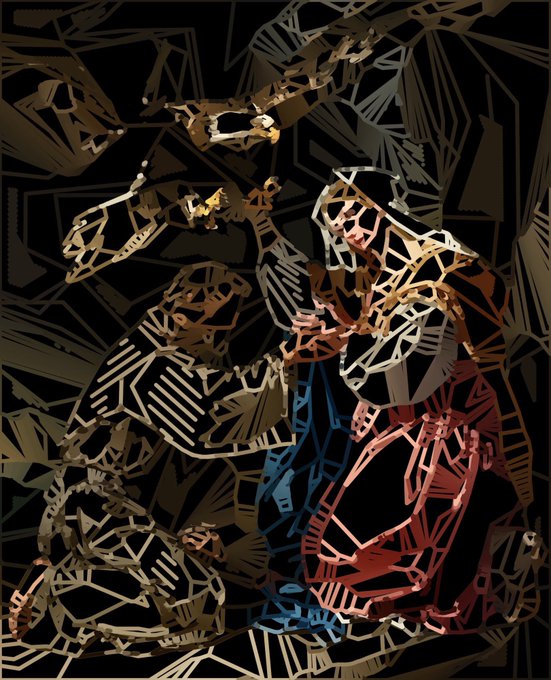 An abstract geometric digital artwork featuring fragmented, shattered-like shapes in black, gold, red, and blue forming a chaotic composition.