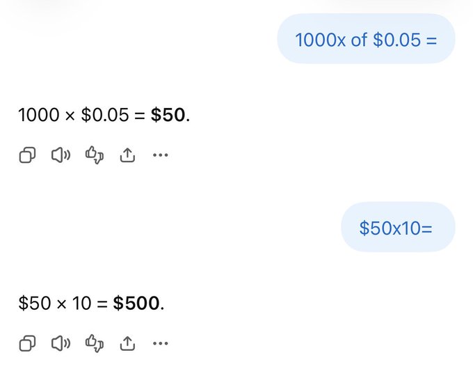 A chat interface showing two math problems being solved: '1000 × $0.05 = $50' and '$50 × 10 = $500'.
