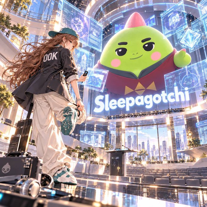 An anime-style promotional image showing a girl looking at her phone with a large green 'Sleepagotchi' mascot character displayed on a screen behind her in a futuristic setting.