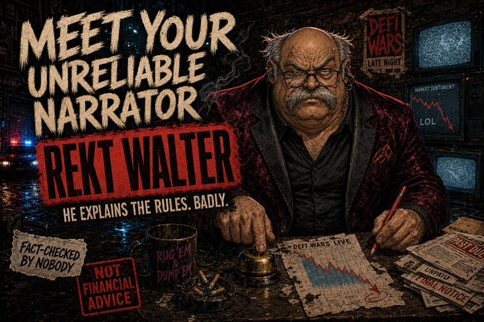 A satirical poster featuring a grumpy older man with a mustache, titled 'MEET YOUR UNRELIABLE NARRATOR - REKT WALTER - HE EXPLAINS THE RULES. BADLY,' with disclaimers like 'FACT-CHECKED BY NOBODY' and 'NOT FINANCIAL ADVICE.'