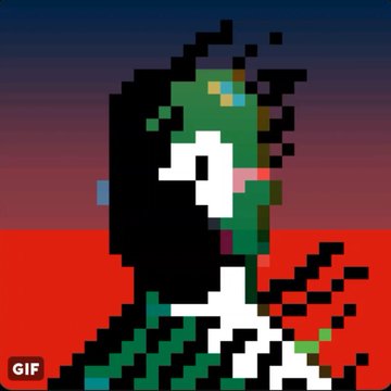 A pixel art GIF of a character with green skin and black hair against a red and blue gradient background.