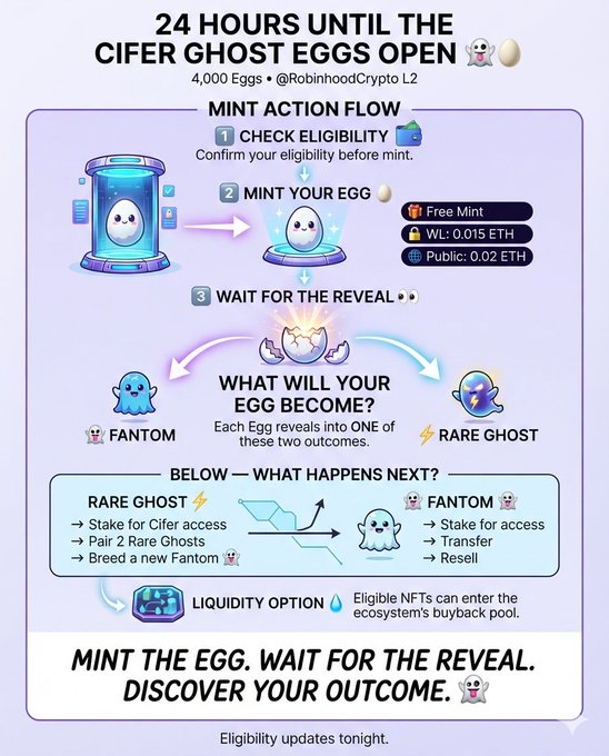 An infographic explaining the 'CIFER GHOST EGGS' mint process on @RobinhoodCrypto L2, detailing that 4,000 Eggs will reveal as either FANTOM or RARE GHOST.