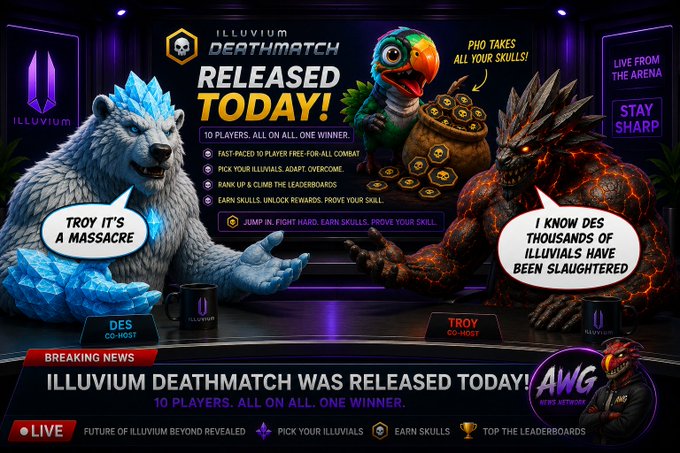The image features a poster for an online game called "illumium Deathmatch" with two animated characters, a polar bear and a dinosaur, sitting at a table. The text on the poster announces that the game has been released today! and mentions that there are ten players who have already joined the game.