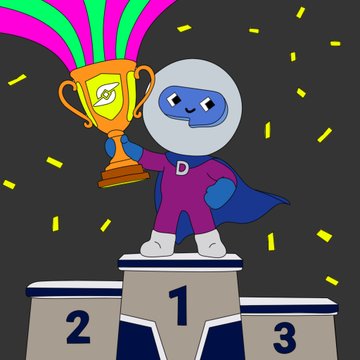 A cartoon astronaut character with a "D" on its suit stands triumphantly on the number 1 podium holding a gold trophy with green and pink flames, against a confetti-filled background. The celebratory champion imagery visually reinforces the post's message about @DlicomApp being a winning ecosystem for community growth, competition, and real-world rewards.