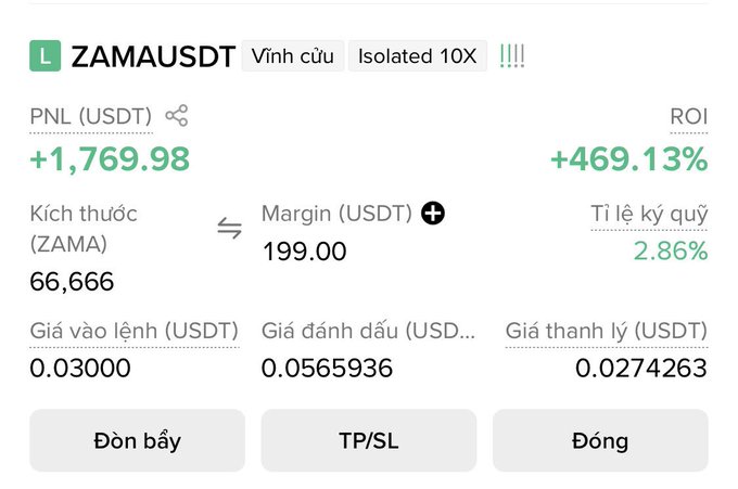 A screenshot of a Binance Futures position showing a long (L) ZAMA/USDT isolated 10x trade with a profit of +1,769.98 USDT (+469.13% ROI) on 66,666 ZAMA, entered at 0.03000 with a liquidation price of 0.0274263.