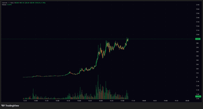 A TradingView candlestick chart displays a cryptocurrency ticker 'Catecoin' (CATE) showing an intraday gain of +0.74%, with a sharp upward price movement during the 1-minute timeframe.