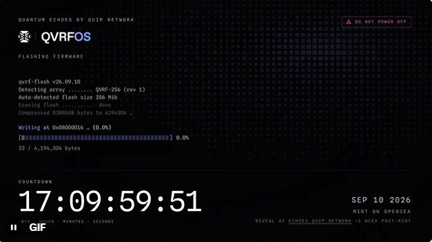 A QVRFOS flashing firmware screen shows a progress bar stuck at 0.0% (0 of 4,194,304 bytes) with a countdown timer reading 17:09:59:51 toward a mint event on September 10, 2026.