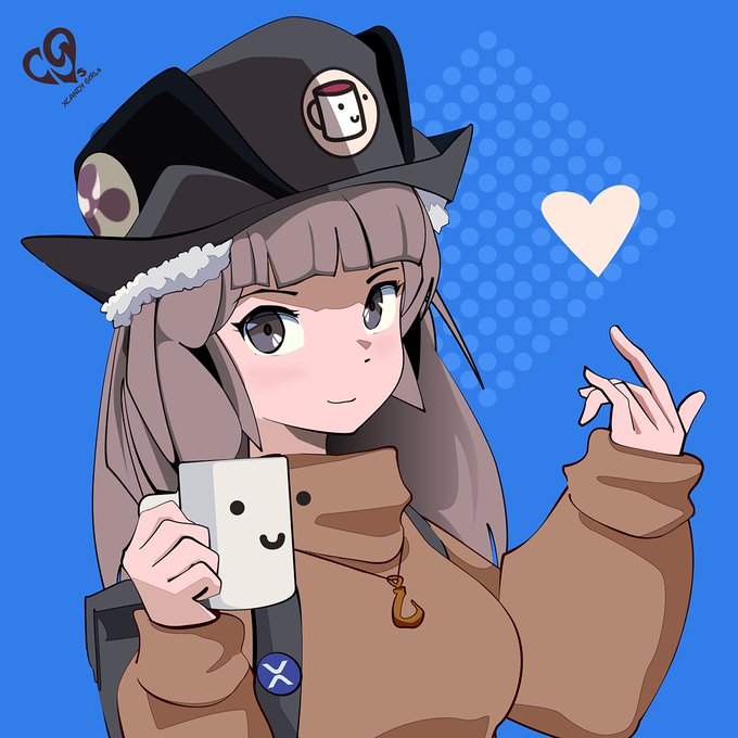 An anime-style illustration of a girl wearing a black hat with coffee-themed pins, a brown hoodie, and holding a white mug with a smiley face. She is making a finger heart gesture next to a heart icon on a blue background.