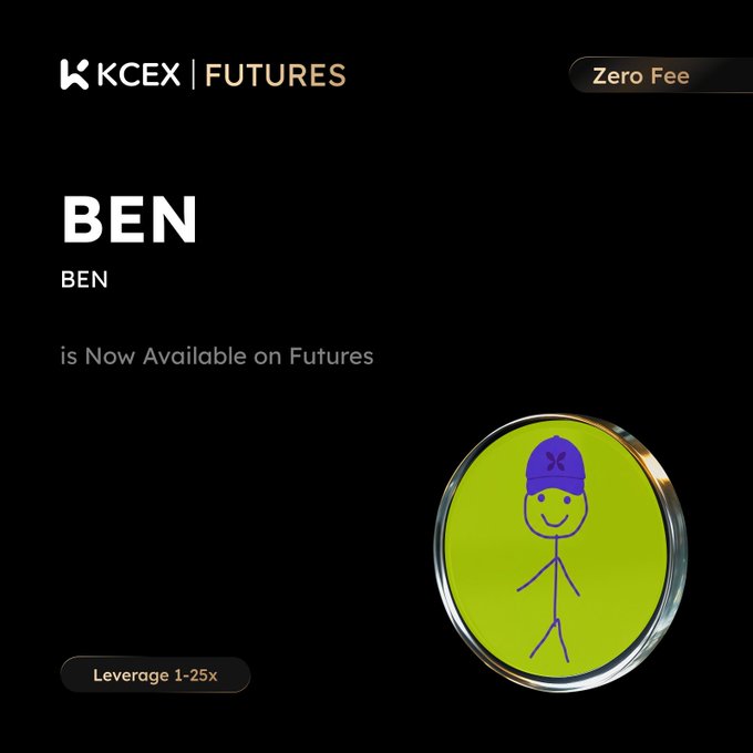 A promotional graphic with a black background displaying "KCEX | FUTURES", "BEN is Now Available on Futures", "Zero Fee", and "Leverage 1-25x", alongside a green circular icon with a stick figure wearing a blue beanie.