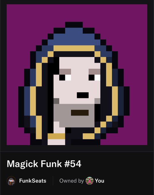 A pixel art NFT titled 'Magick Funk #54' featuring a hooded character with a purple background, owned by FunkSeats and 'You'.