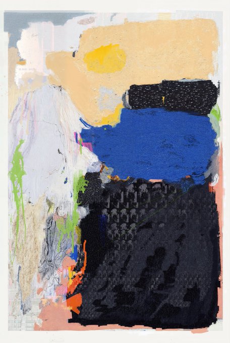 The image features an abstract painting with various colors, including blue, black, white, green, orange, pink, and gray. The artwork has been done using a palette knife technique, giving it a textured appearance. The painting appears to be a mixed media piece that incorporates elements of both paint and collage techniques.