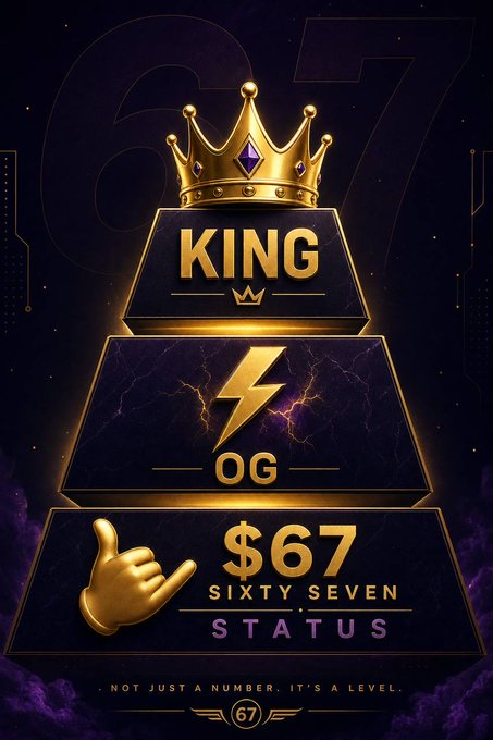 The image features a poster for a game that has a gold crown, a lightning bolt, and the text "King" written above it. Below this, there are three boxes with the numbers "$67" and "#67". The caption below the image reads "not just a number. It's a level."